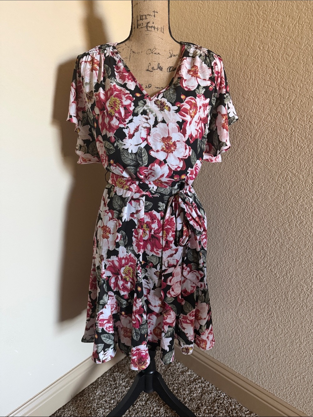 White House Black Market Black Floral Wrap Mini Dress